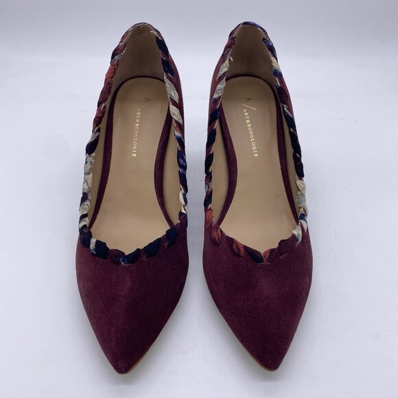 Anthropologie Pointed Toe Pumps 8M Whipstitch Braided Wood Block Heel Suede Wine - Picture 6 of 14